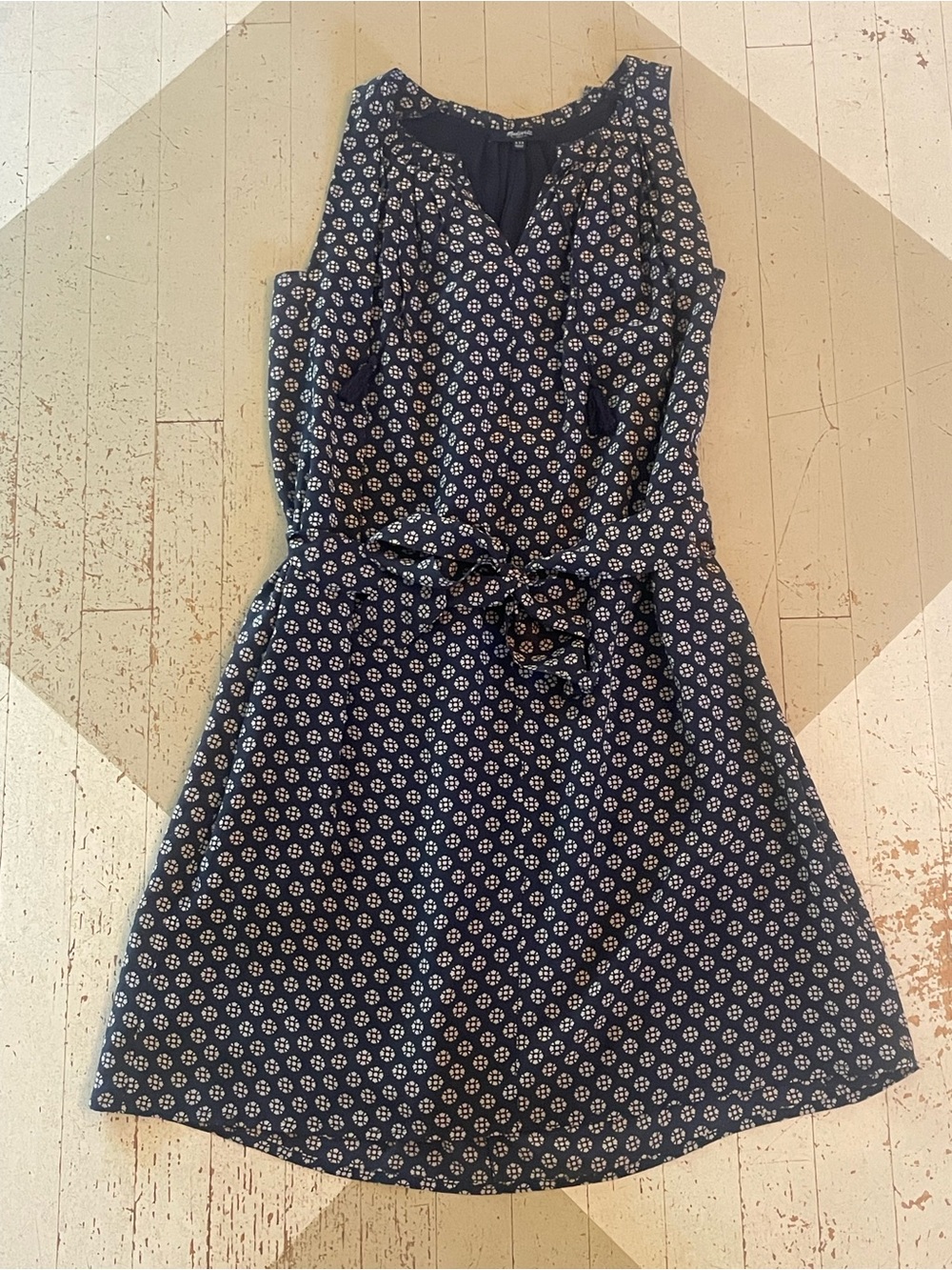 Navy Printed Sleeveless Tie-Waist Dress